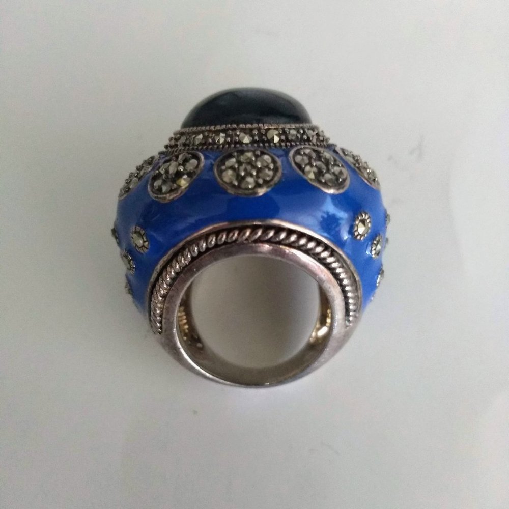 925 SS Marcasite and Enamel Ring, Sz 6